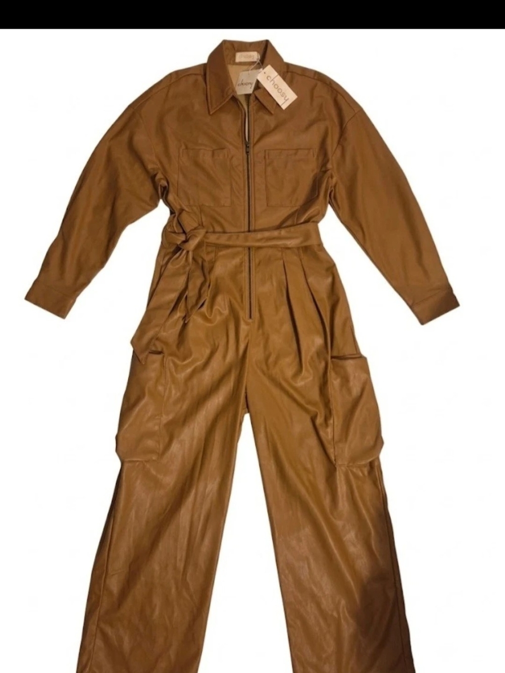 Choosy Faux Leather Belted Utility Cargo Jumpsuit in Cognac / Tan
